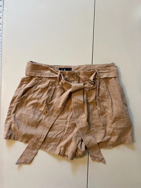 Lulus Paperbag High Waist Shorts Brown Size Large PinStripe Tie Belt Lightweight - Picture 2 of 10